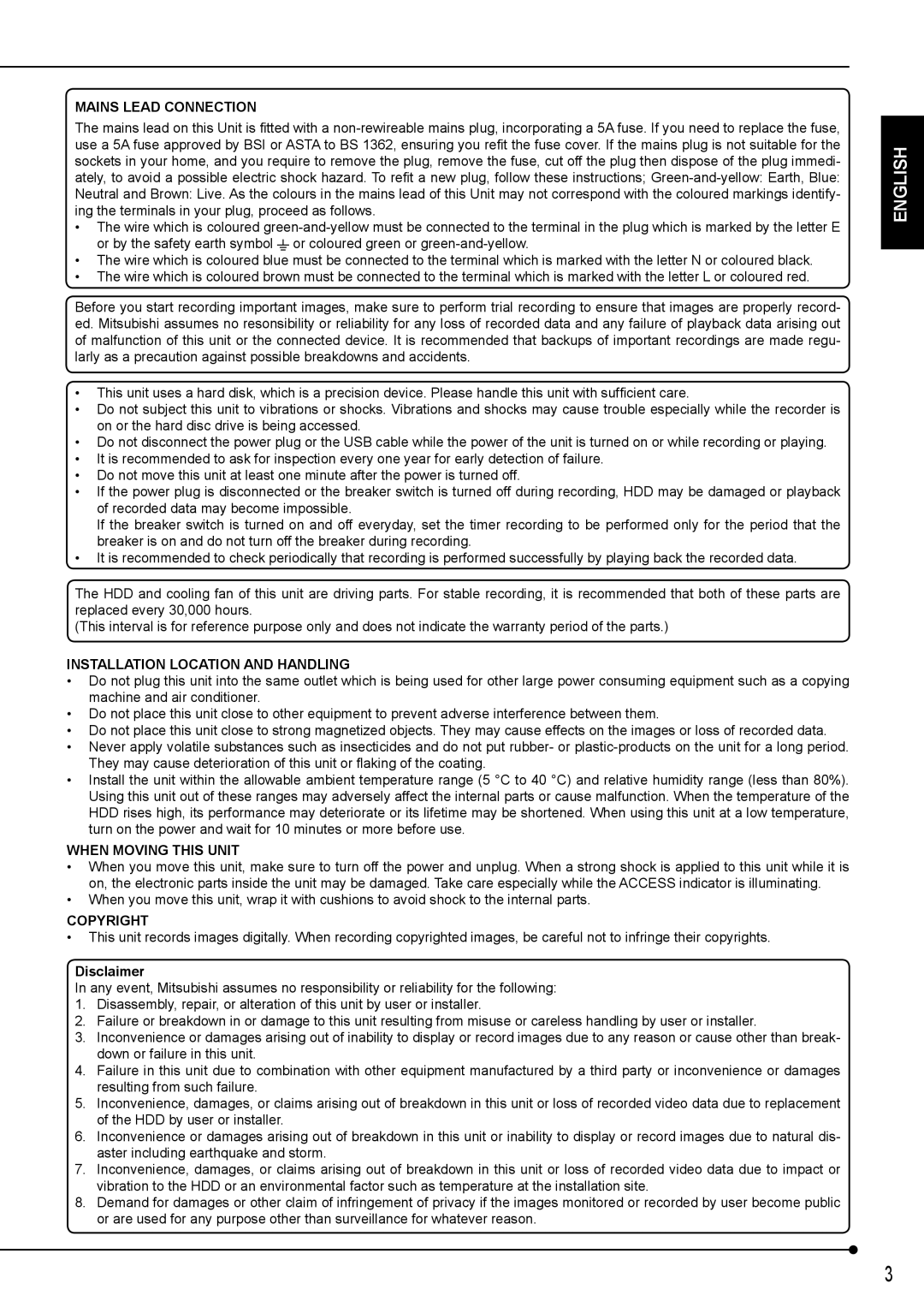 Mitsubishi Electronics DX-ZD6UE operation manual Mains Lead Connection, Disclaimer 