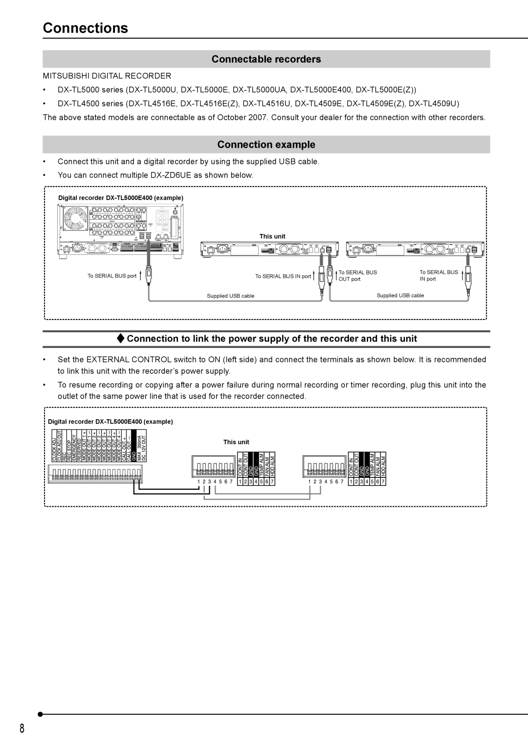 Mitsubishi Electronics DX-ZD6UE operation manual Connections, Connectable recorders, Connection example 