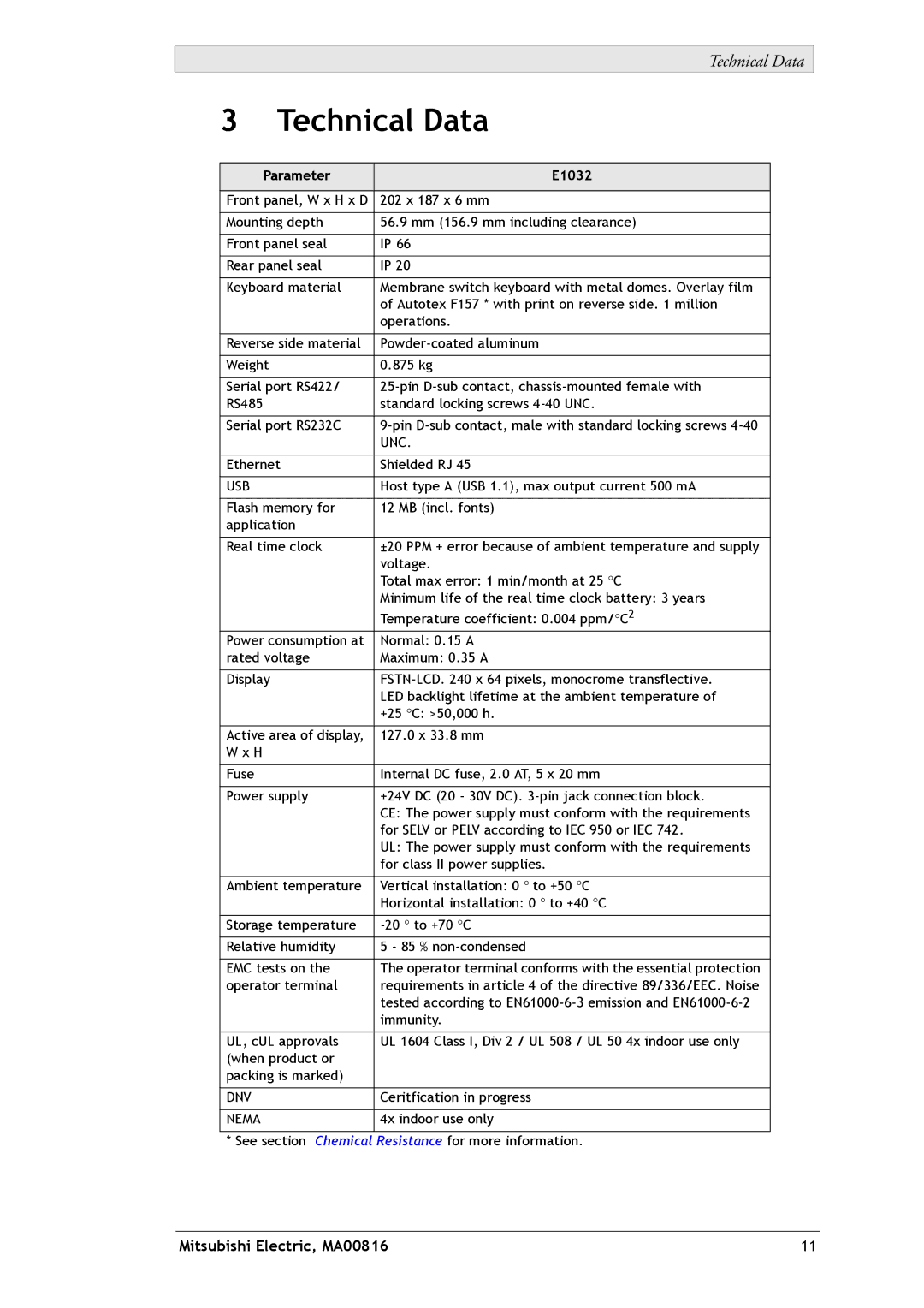 Mitsubishi Electronics installation manual Technical Data, Parameter E1032 