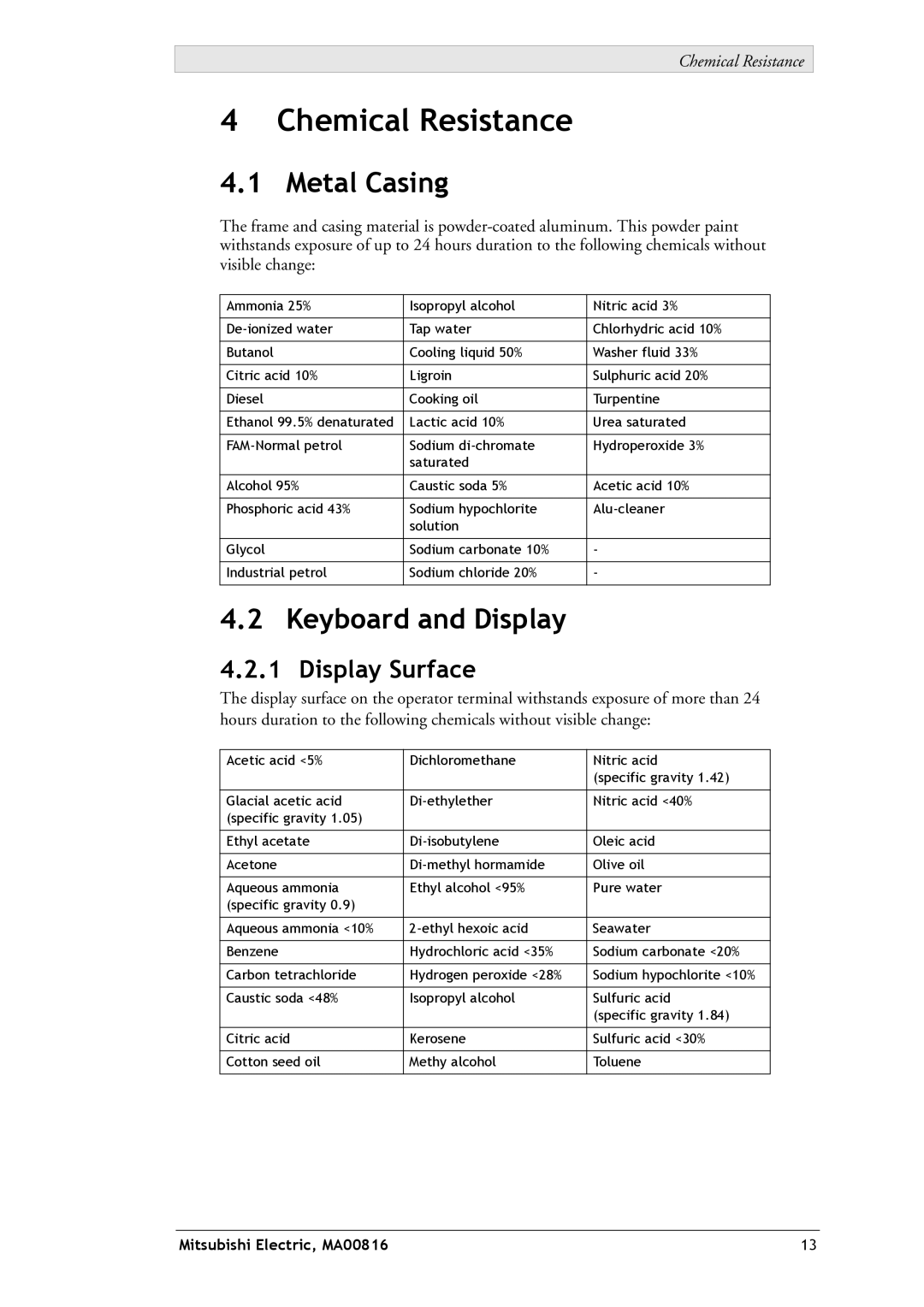 Mitsubishi Electronics E1032 installation manual Chemical Resistance, Metal Casing, Keyboard and Display 