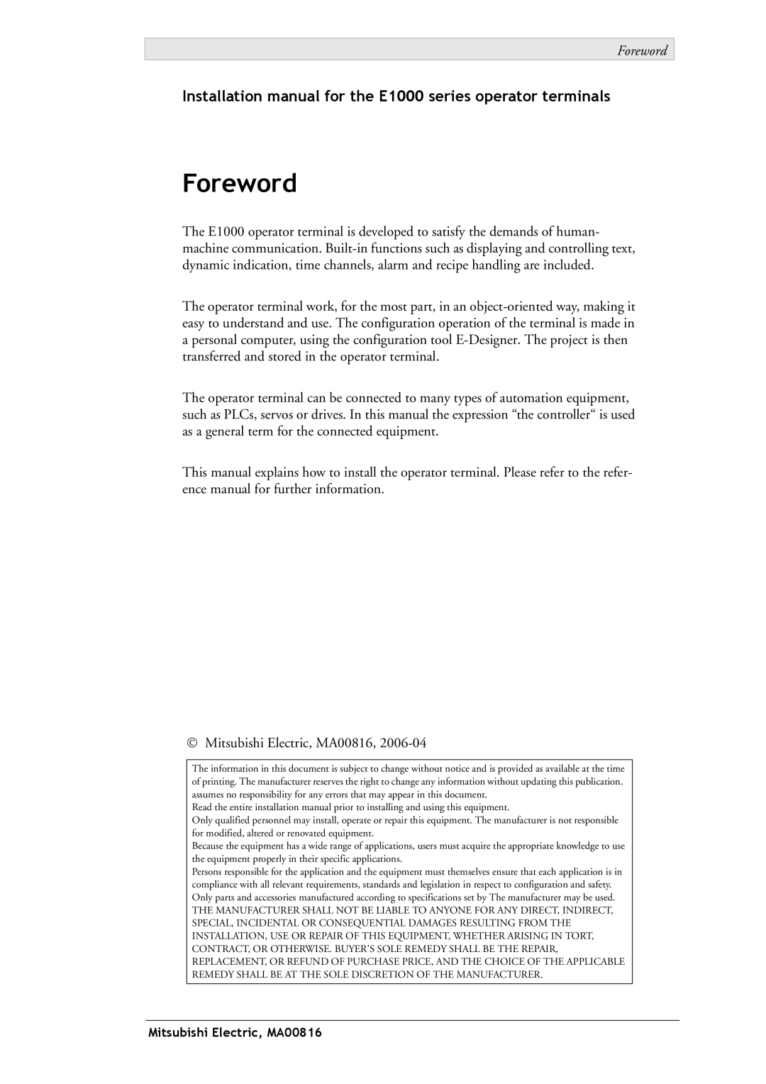 Mitsubishi Electronics E1032 installation manual Foreword 