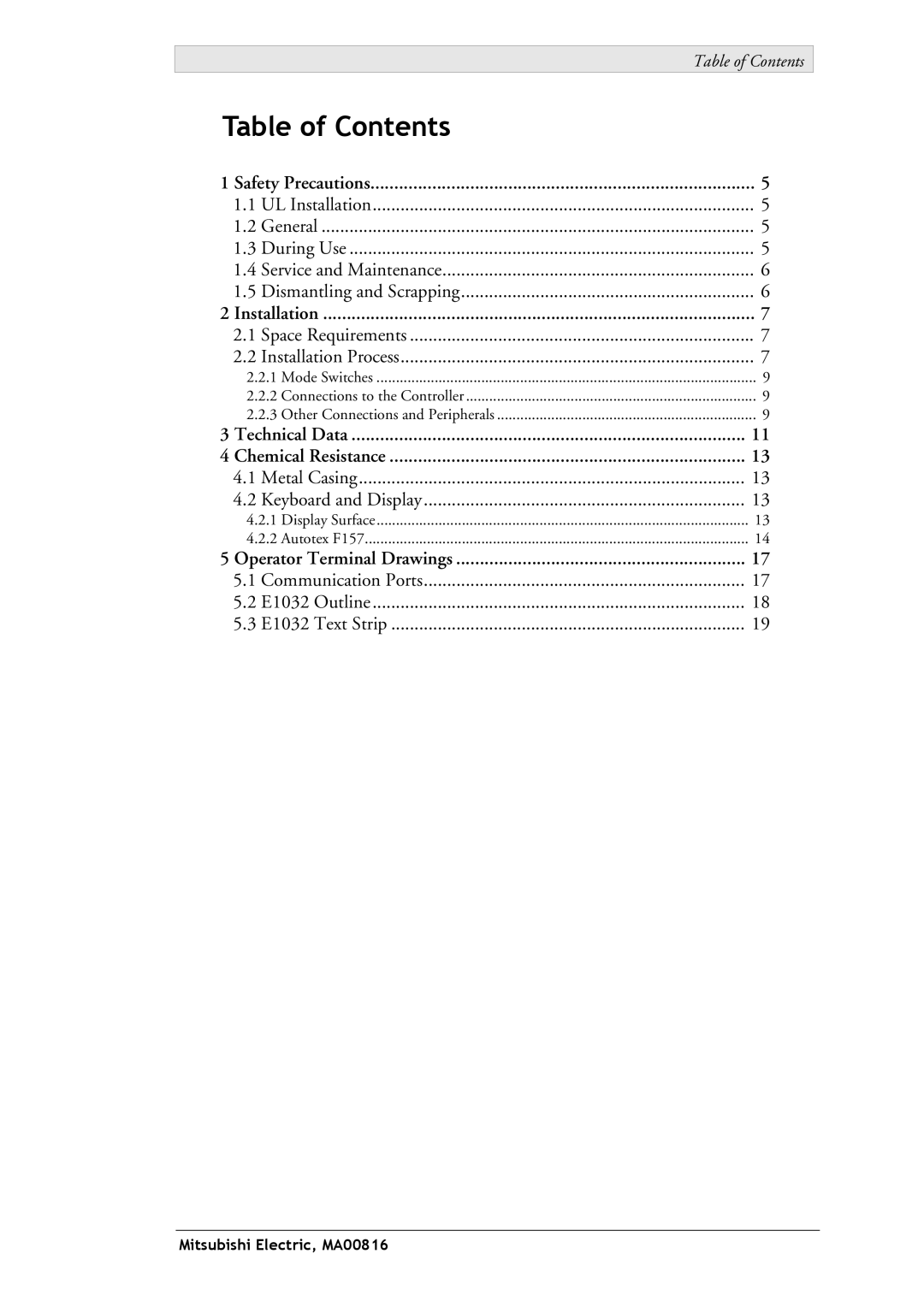 Mitsubishi Electronics E1032 installation manual Table of Contents 