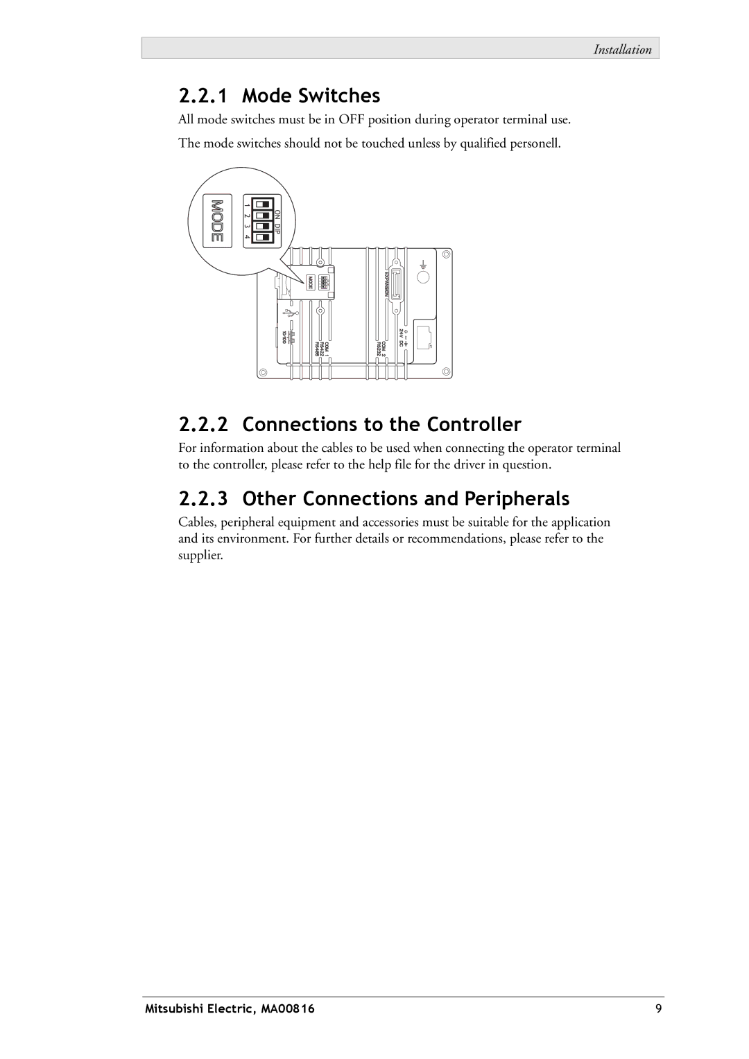 Mitsubishi Electronics E1032 installation manual Mode Switches 