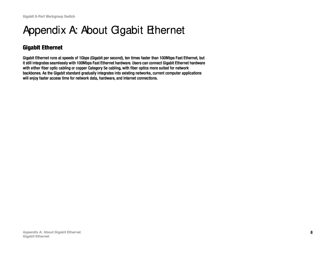Mitsubishi Electronics EG008W manual Appendix A About Gigabit Ethernet, Gigabit 8-Port Workgroup Switch 