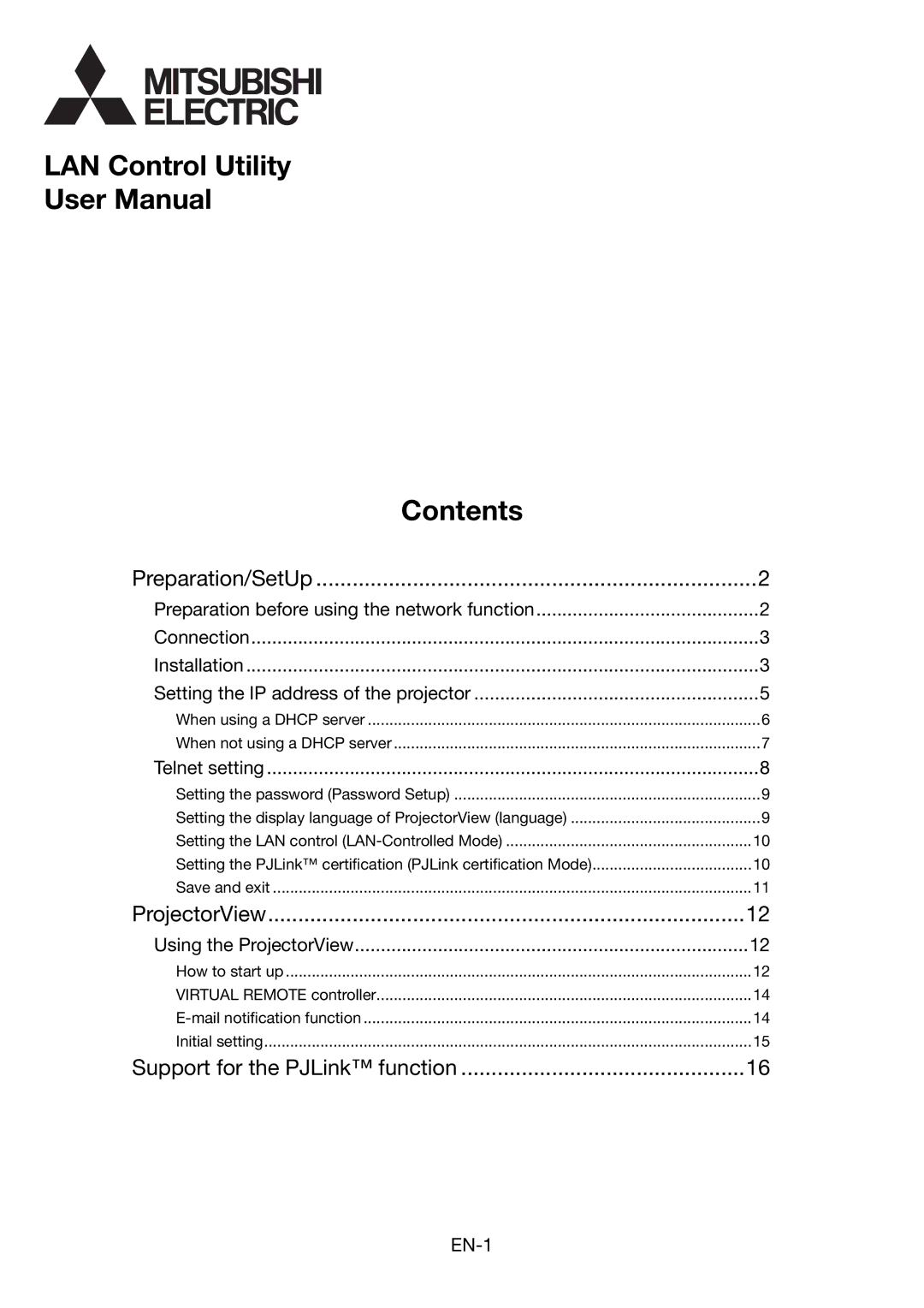 Mitsubishi Electronics EN-1 user manual LAN Control Utility Contents 