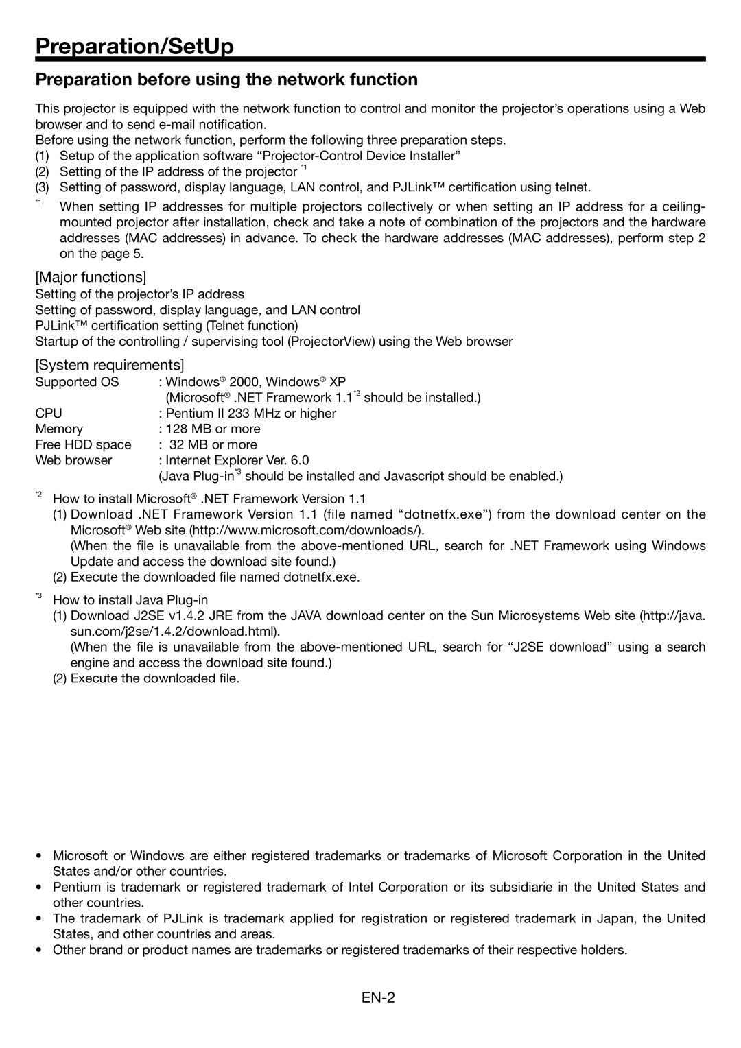 Mitsubishi Electronics EN-1 Preparation/SetUp, Preparation before using the network function, Major functions, EN-2 