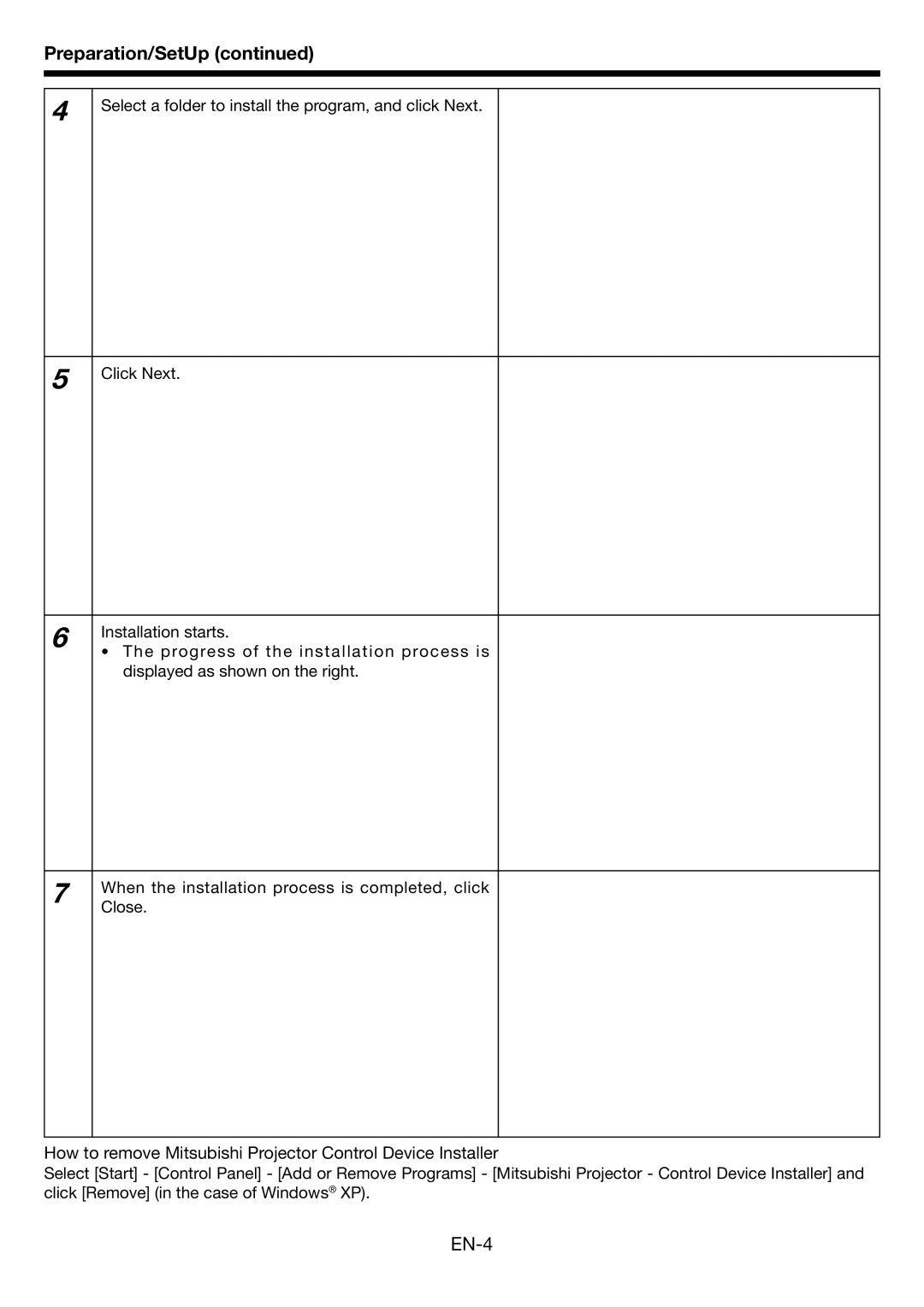 Mitsubishi Electronics EN-1 user manual EN-4, How to remove Mitsubishi Projector Control Device Installer 