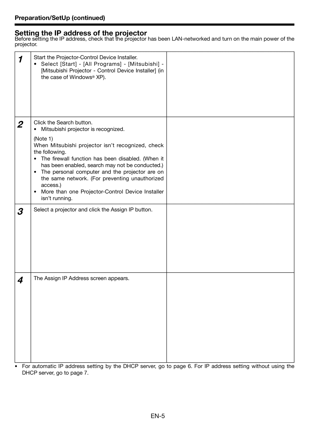 Mitsubishi Electronics EN-1 user manual Setting the IP address of the projector, EN-5 