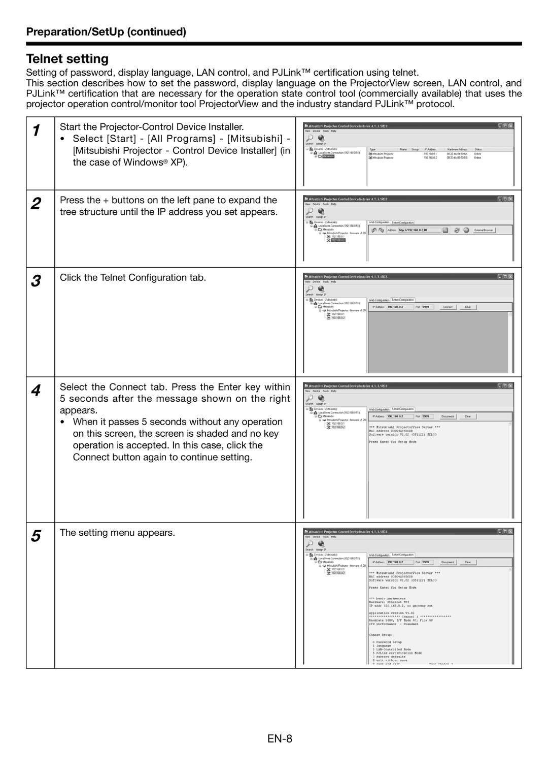 Mitsubishi Electronics EN-1 user manual Telnet setting, EN-8 