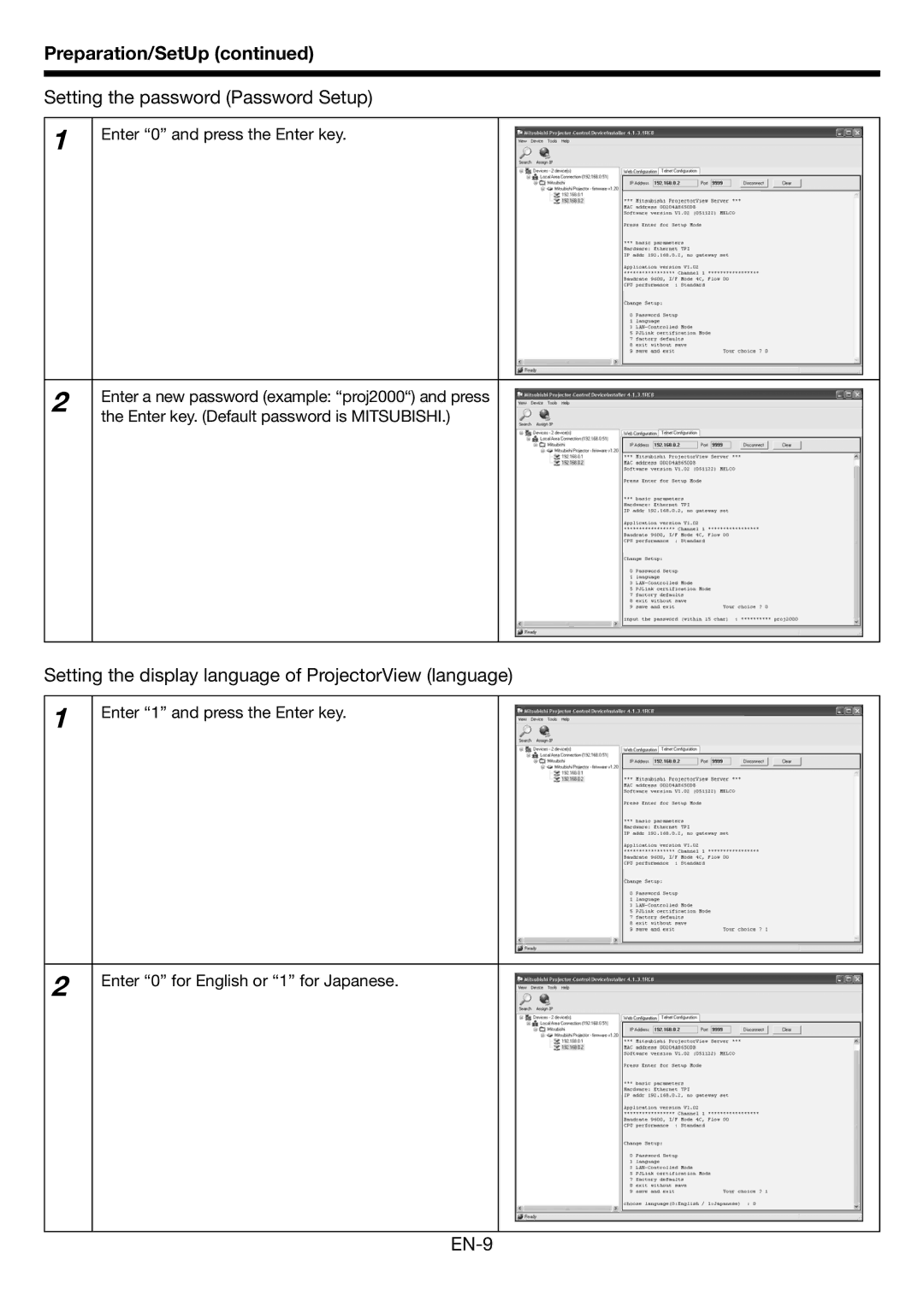 Mitsubishi Electronics EN-1 Setting the password Password Setup, Setting the display language of ProjectorView language 