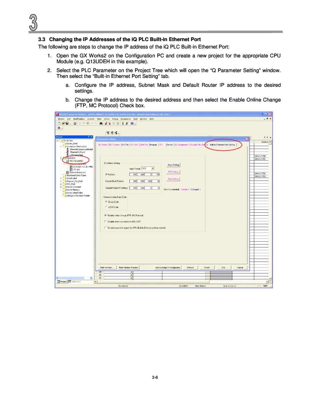 Mitsubishi Electronics ETH-1000 manual Changing the IP Addresses of the iQ PLC Built-in Ethernet Port 