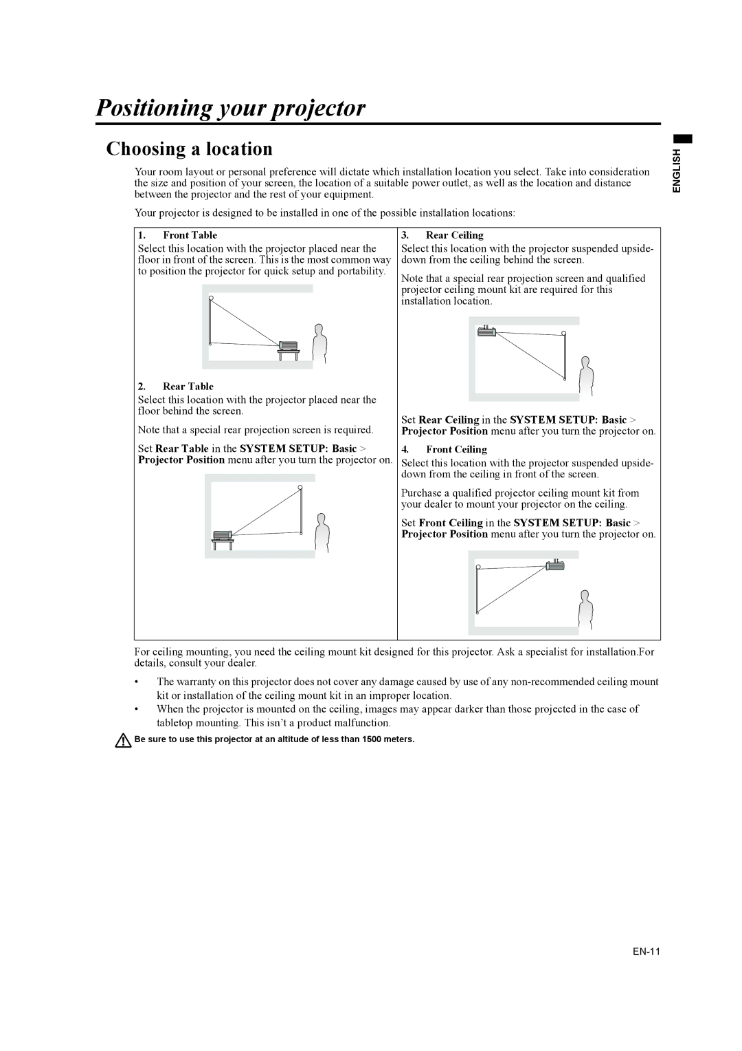 Mitsubishi Electronics EW270U user manual Positioning your projector, Choosing a location 