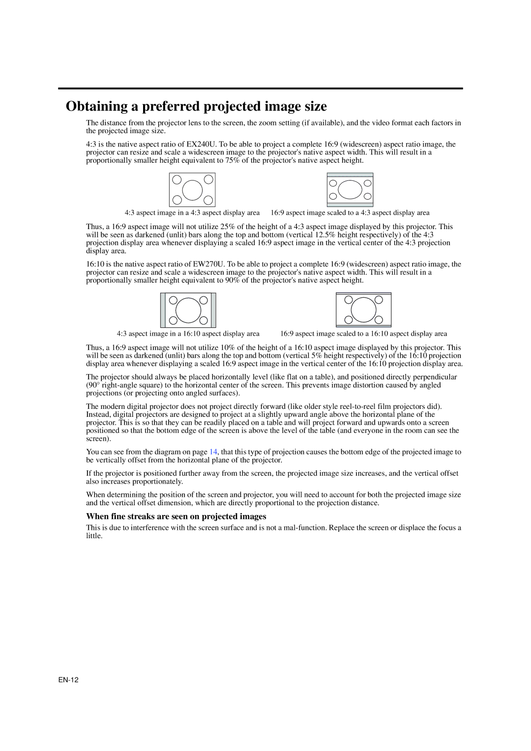 Mitsubishi Electronics EW270U Obtaining a preferred projected image size, When fine streaks are seen on projected images 