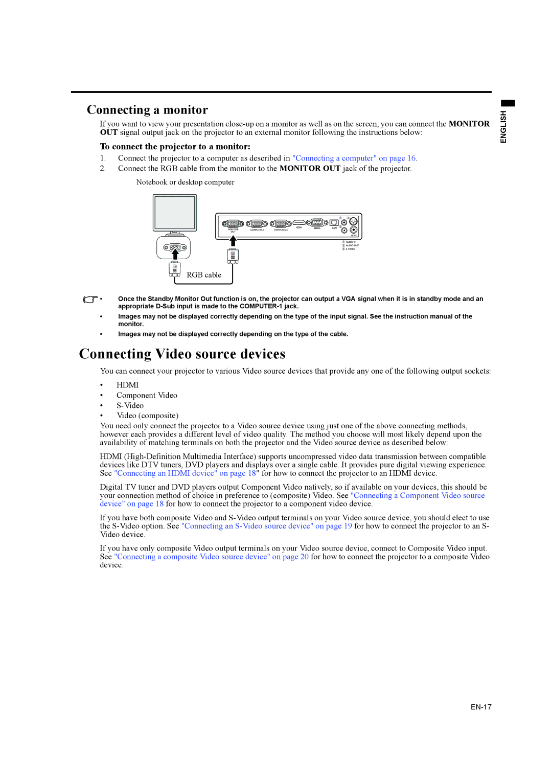 Mitsubishi Electronics EW270U Connecting Video source devices, Connecting a monitor, To connect the projector to a monitor 