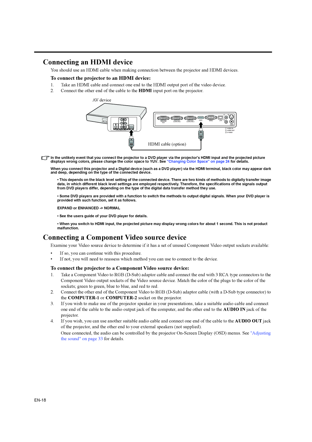 Mitsubishi Electronics EW270U user manual Connecting an Hdmi device, Connecting a Component Video source device 