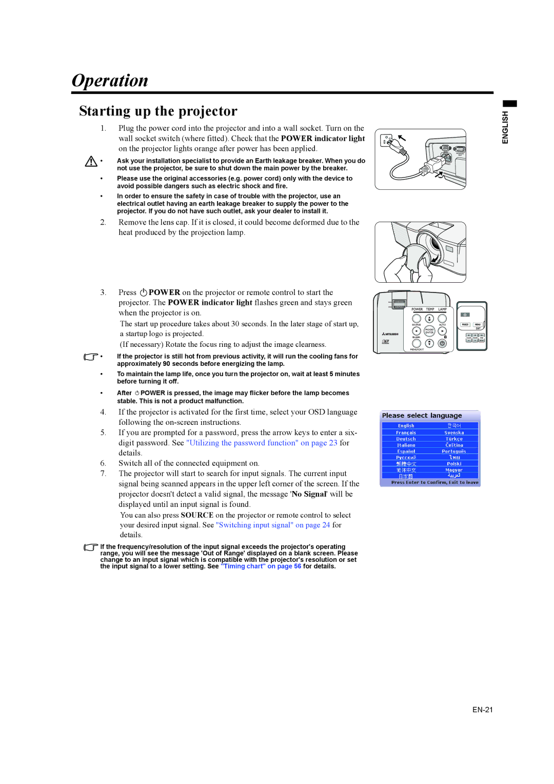 Mitsubishi Electronics EW270U user manual Operation, Starting up the projector 