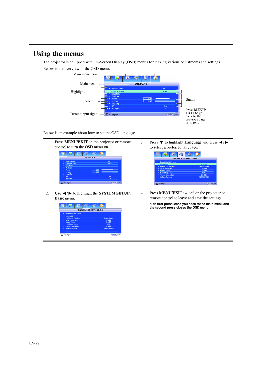 Mitsubishi Electronics EW270U user manual Using the menus 