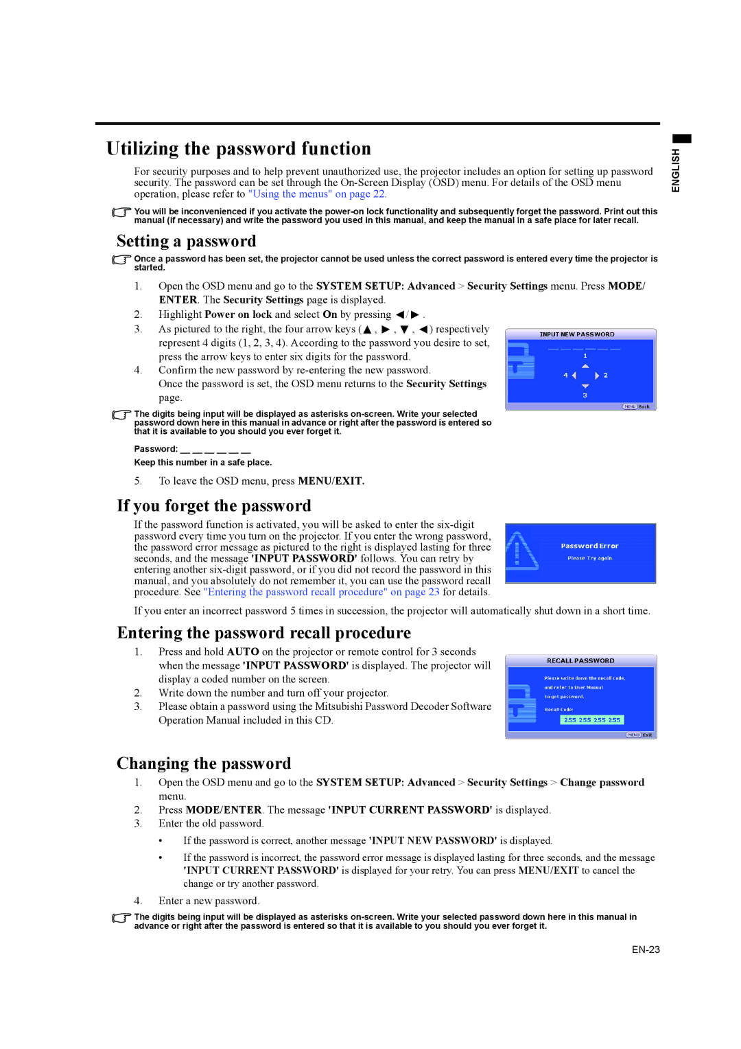 Mitsubishi Electronics EW270U user manual Utilizing the password function, Setting a password, If you forget the password 