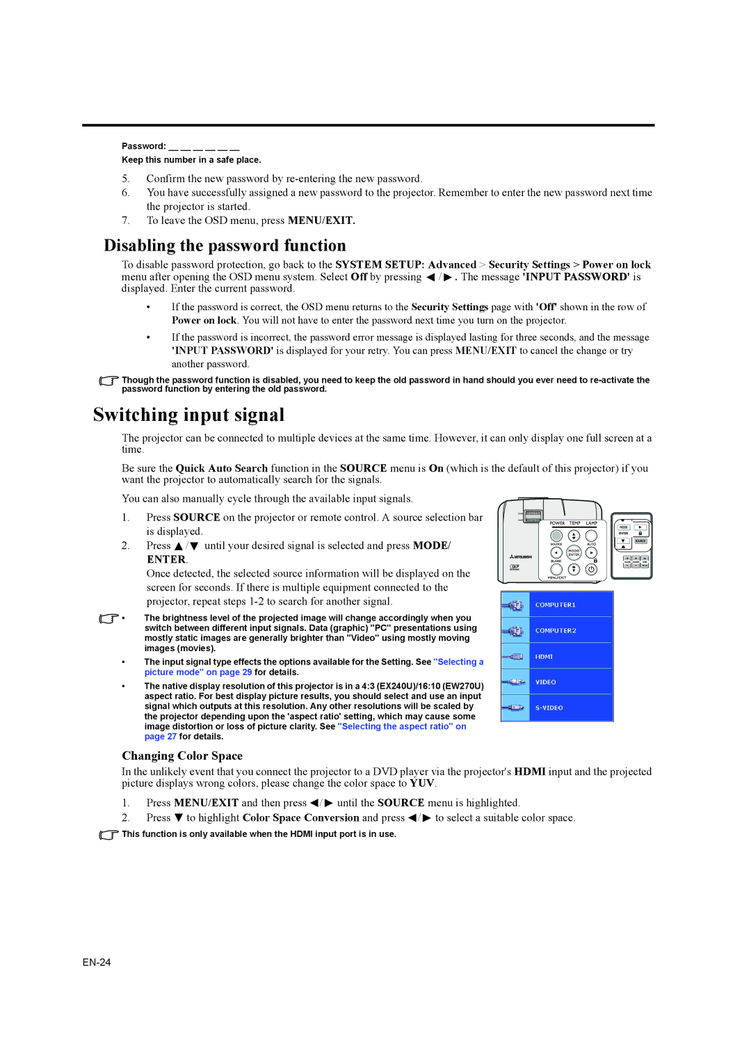 Mitsubishi Electronics EW270U user manual Switching input signal, Disabling the password function, Changing Color Space 