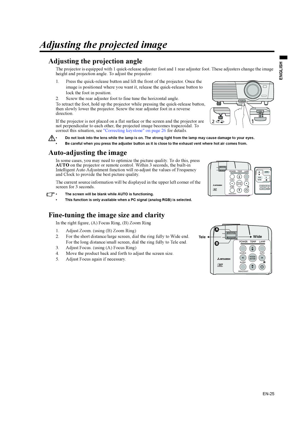 Mitsubishi Electronics EW270U Adjusting the projected image, Adjusting the projection angle, Auto-adjusting the image 