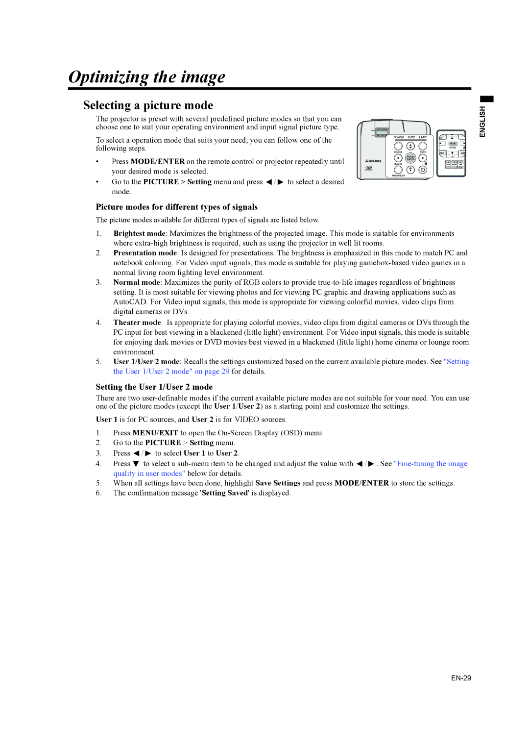 Mitsubishi Electronics EW270U Optimizing the image, Selecting a picture mode, Picture modes for different types of signals 