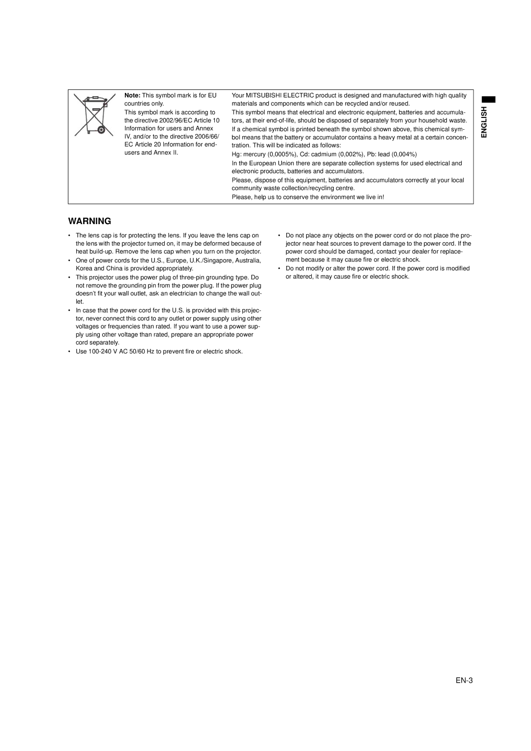 Mitsubishi Electronics EW270U user manual EN-3 