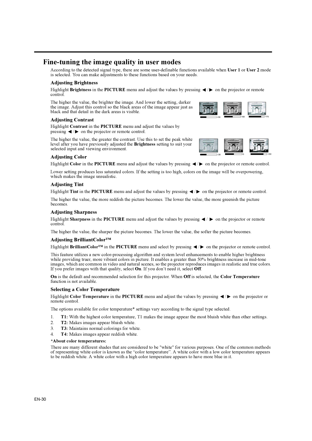 Mitsubishi Electronics EW270U user manual Fine-tuning the image quality in user modes 