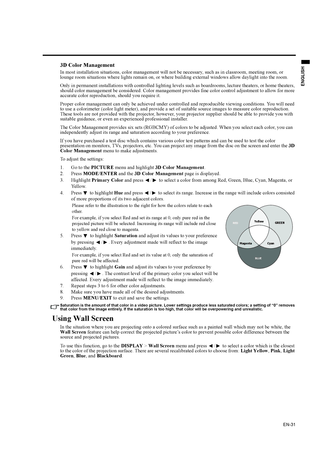 Mitsubishi Electronics EW270U user manual Using Wall Screen, 3D Color Management 