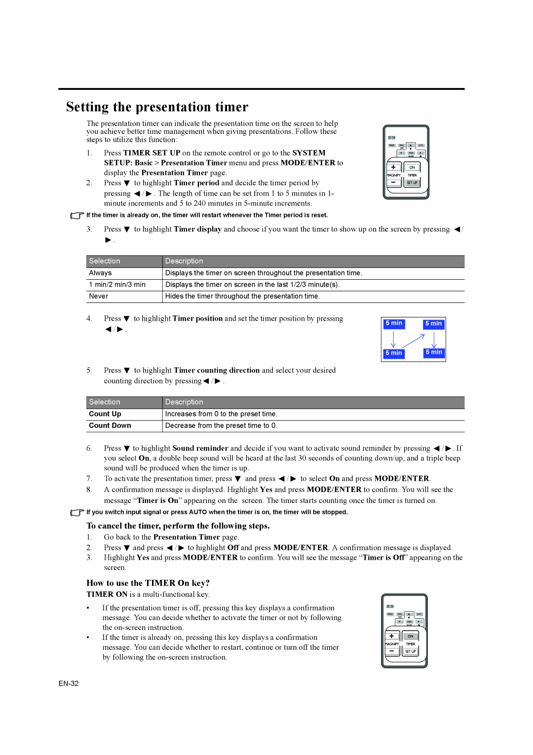 Mitsubishi Electronics EW270U user manual Setting the presentation timer, To cancel the timer, perform the following steps 