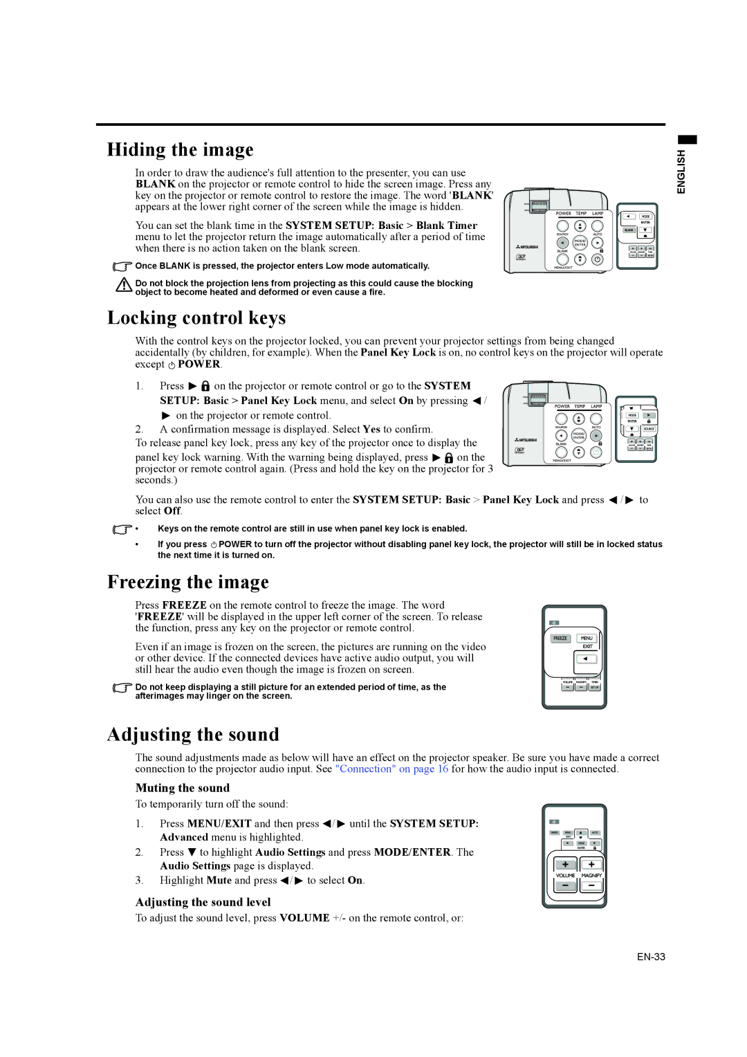 Mitsubishi Electronics EW270U user manual Hiding the image, Locking control keys, Freezing the image, Adjusting the sound 