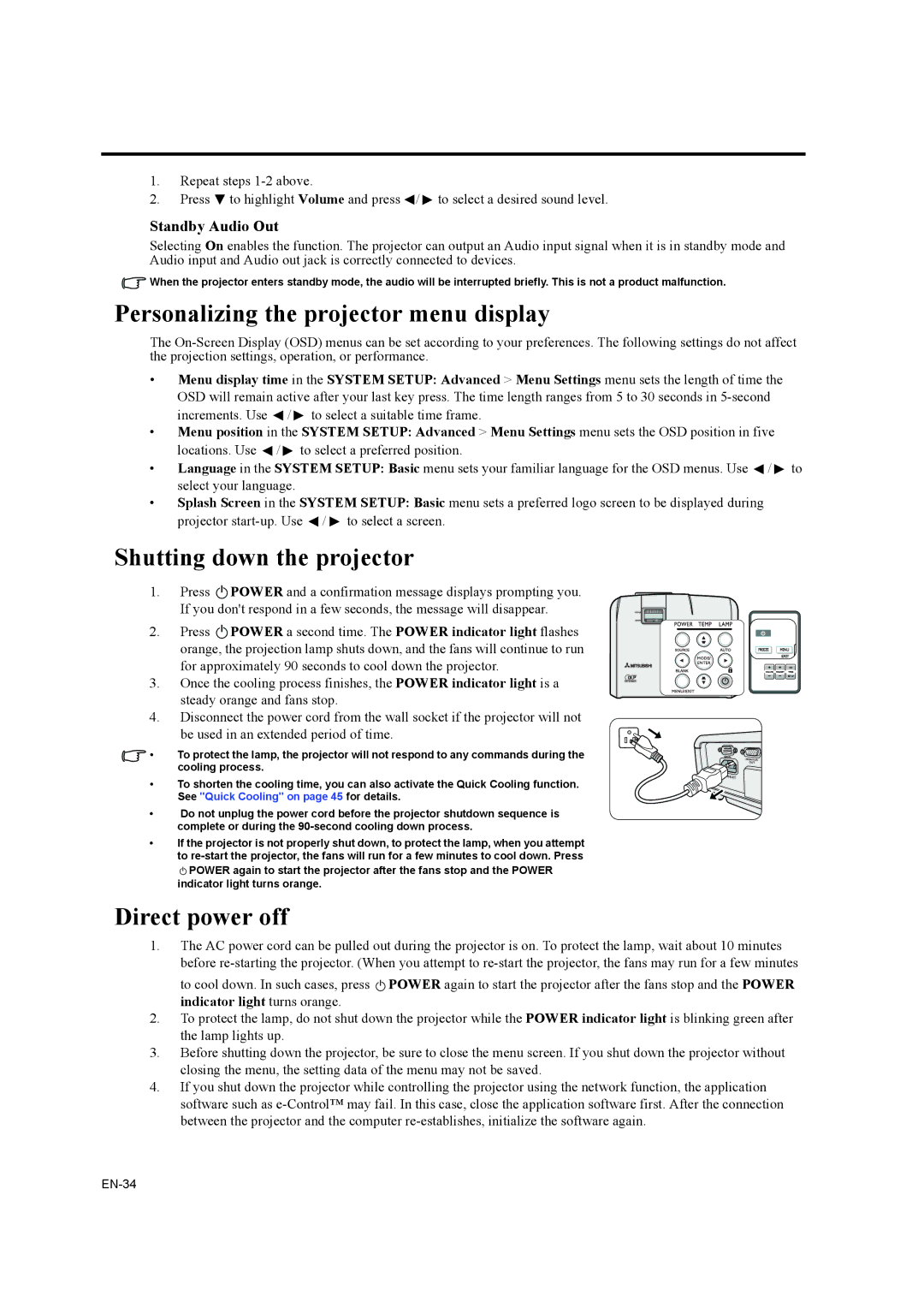 Mitsubishi Electronics EW270U Personalizing the projector menu display, Shutting down the projector, Direct power off 