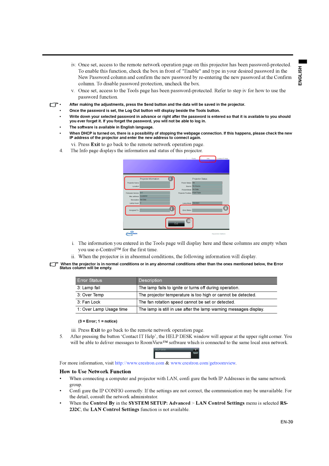 Mitsubishi Electronics EW270U user manual How to Use Network Function, Error Status Description 