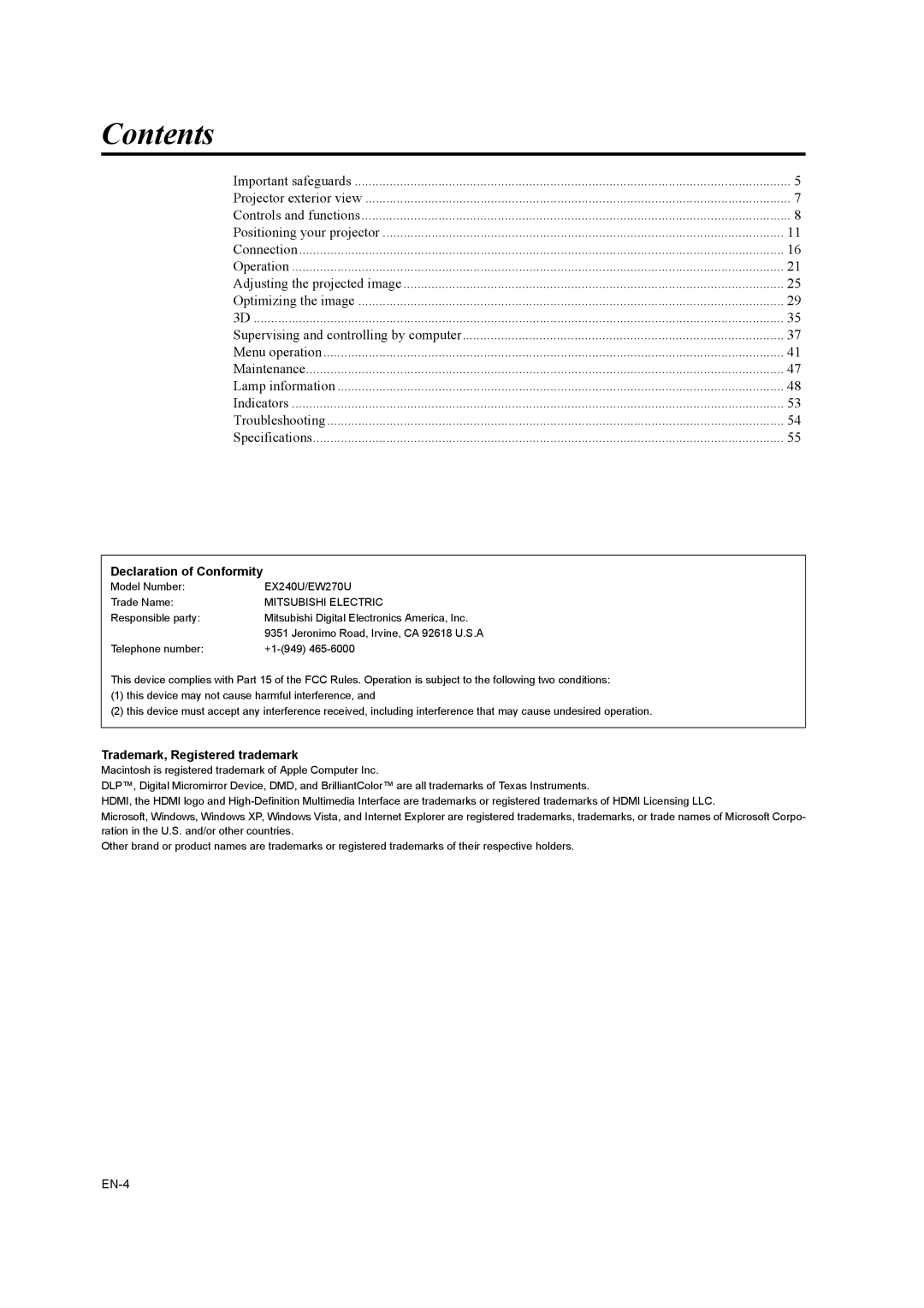 Mitsubishi Electronics EW270U user manual Contents 