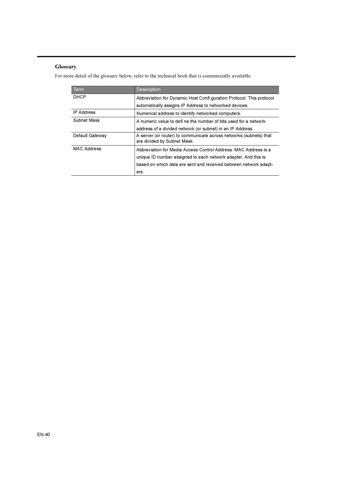 Mitsubishi Electronics EW270U user manual Glossary, Dhcp 