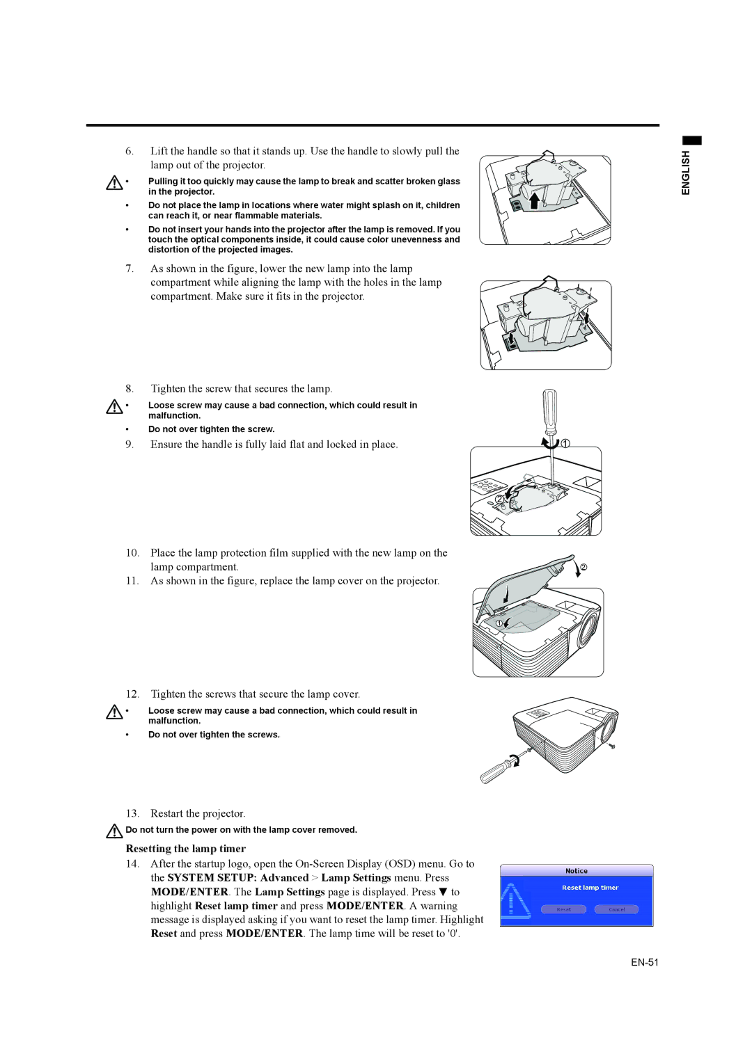 Mitsubishi Electronics EW270U user manual Resetting the lamp timer 