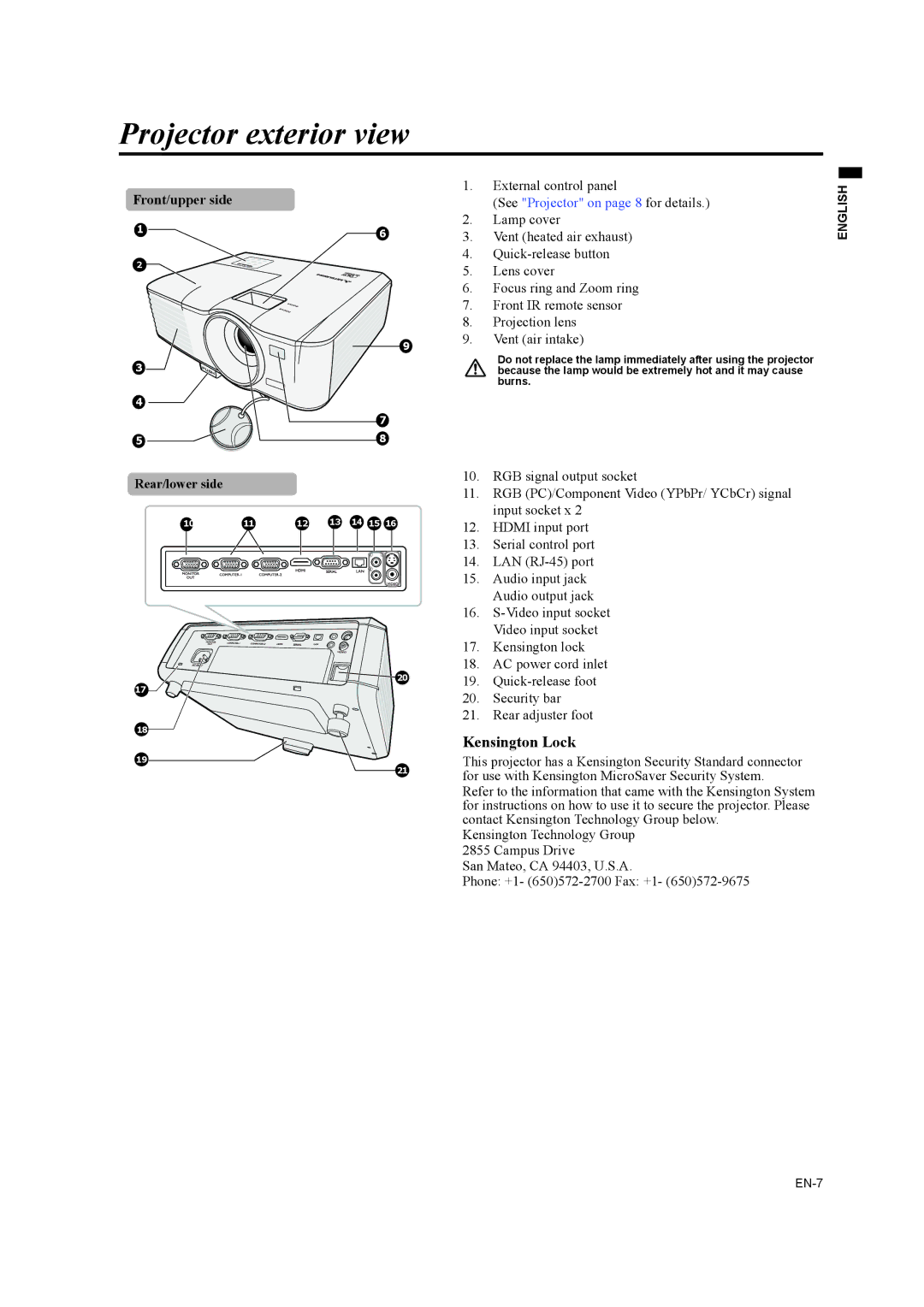 Mitsubishi Electronics EW270U user manual Projector exterior view, Kensington Lock 