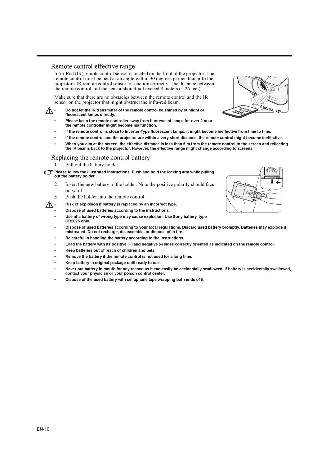 Mitsubishi Electronics EW270U user manual Remote control effective range, Replacing the remote control battery 