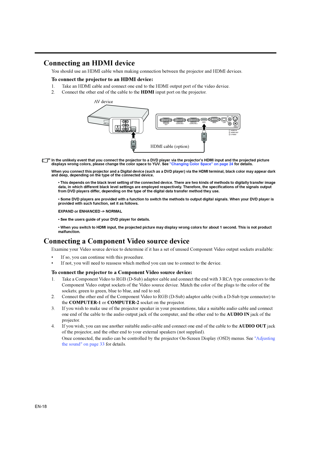 Mitsubishi Electronics EW270U user manual Connecting an HDMI device, Connecting a Component Video source device 