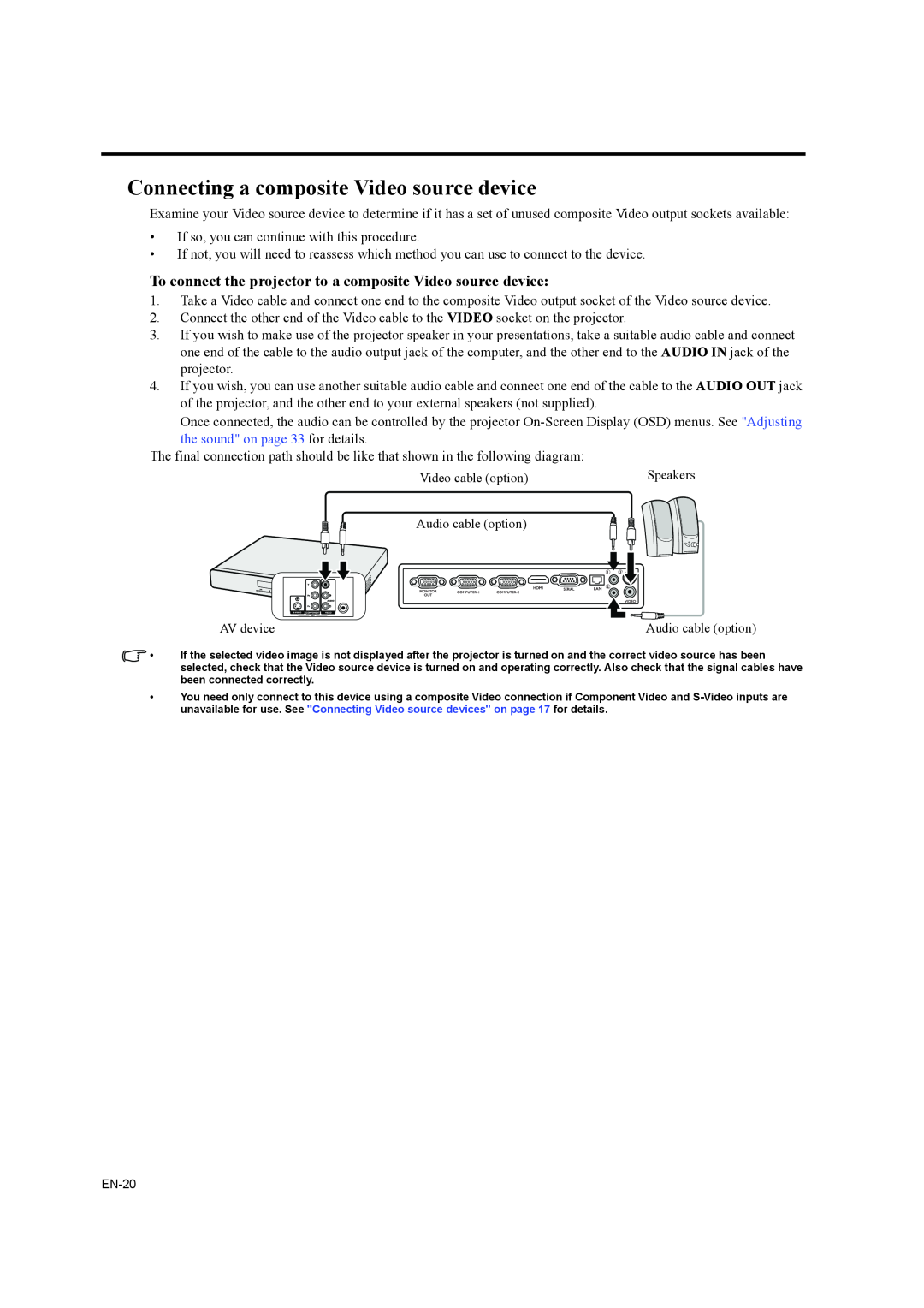 Mitsubishi Electronics EW270U user manual Connecting a composite Video source device, the sound on page 33 for details 