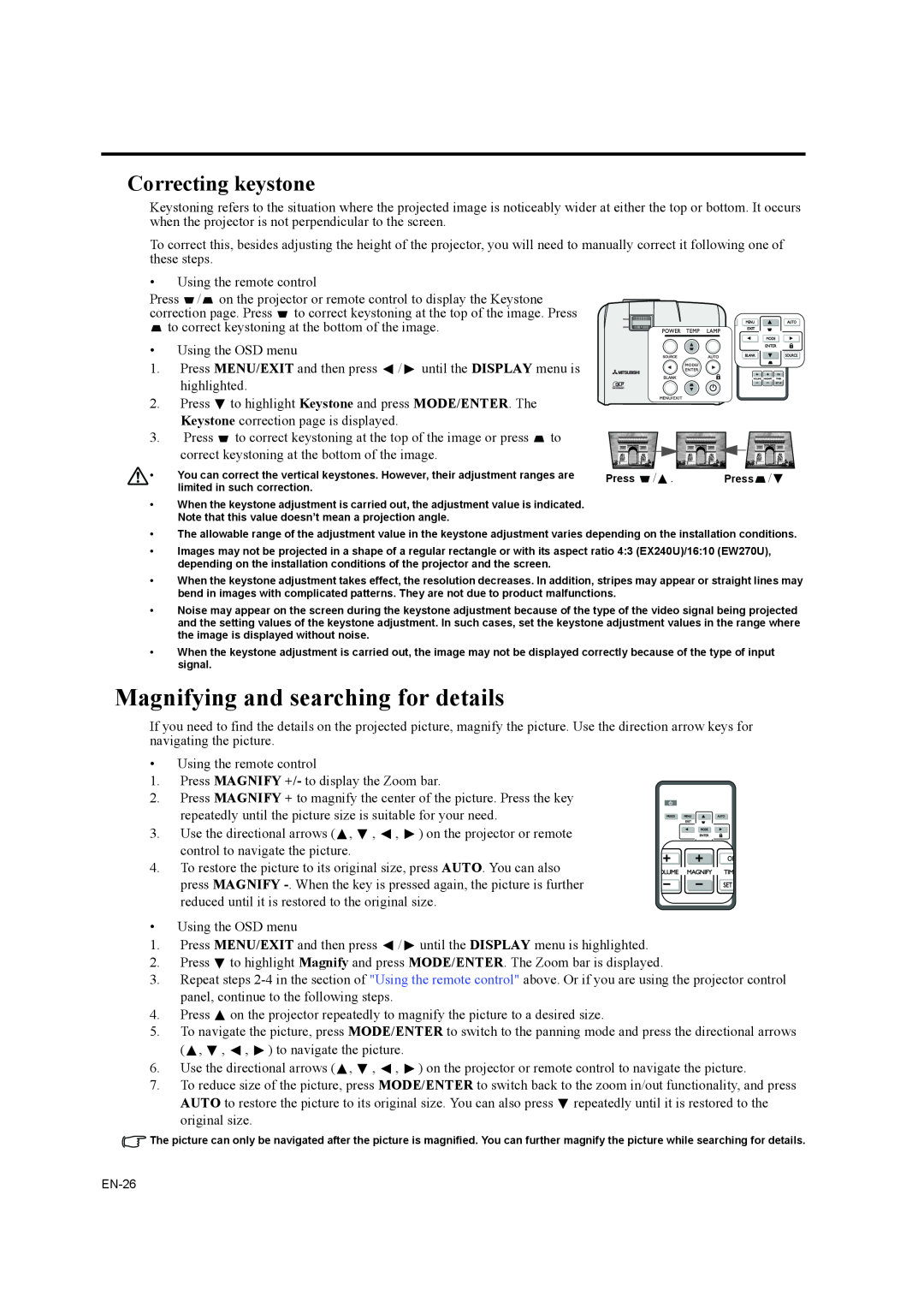 Mitsubishi Electronics EW270U user manual Magnifying and searching for details, Correcting keystone 