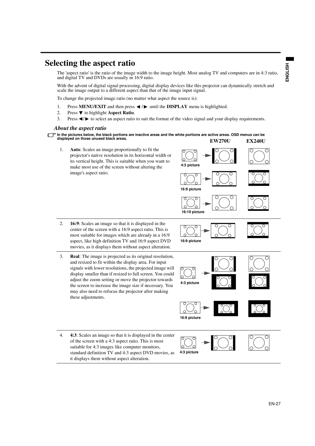 Mitsubishi Electronics EW270U user manual Selecting the aspect ratio, About the aspect ratio, EX240U 