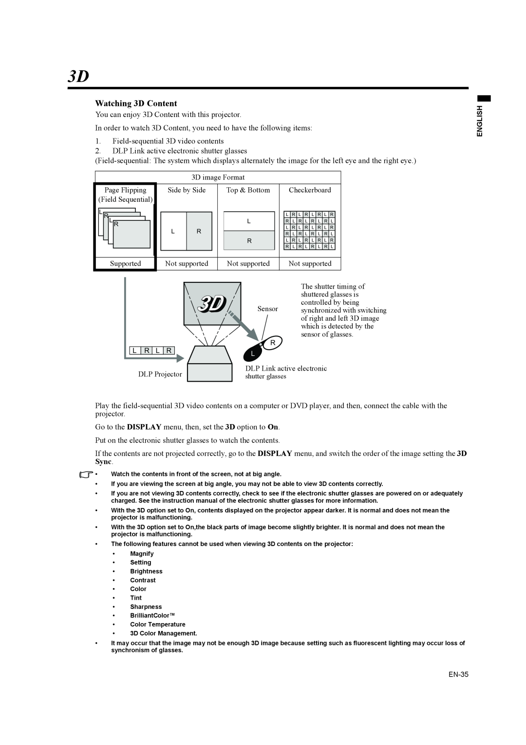 Mitsubishi Electronics EW270U user manual Watching 3D Content 