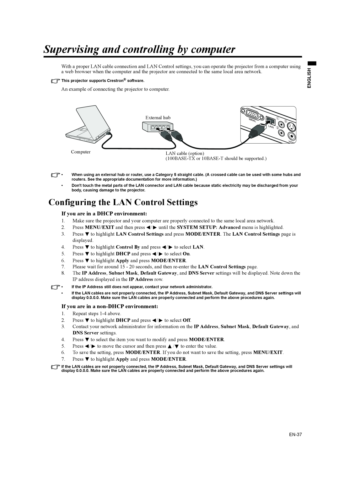 Mitsubishi Electronics EW270U user manual Supervising and controlling by computer, Configuring the LAN Control Settings 