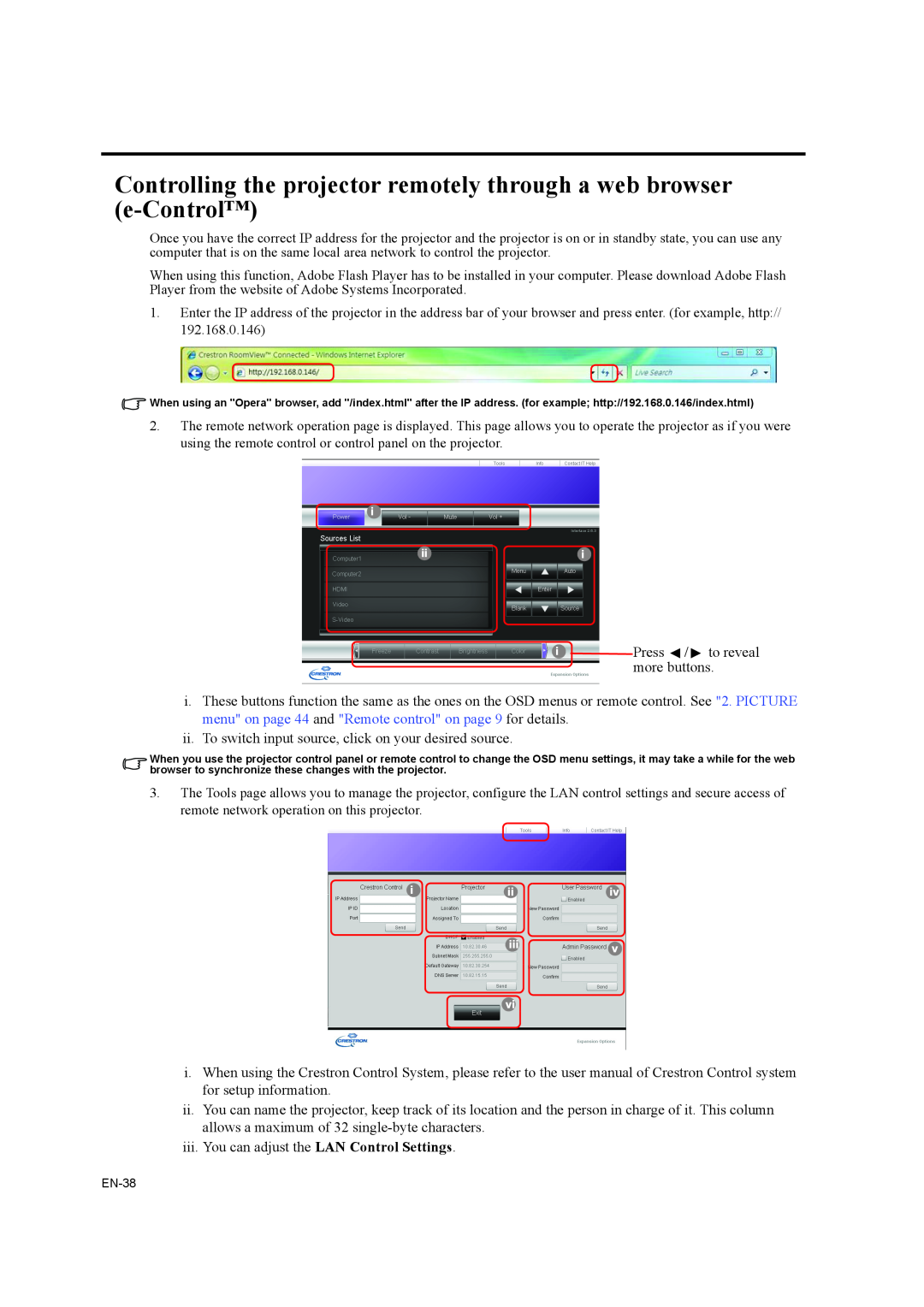Mitsubishi Electronics EW270U user manual Controlling the projector remotely through a web browser e-Control 