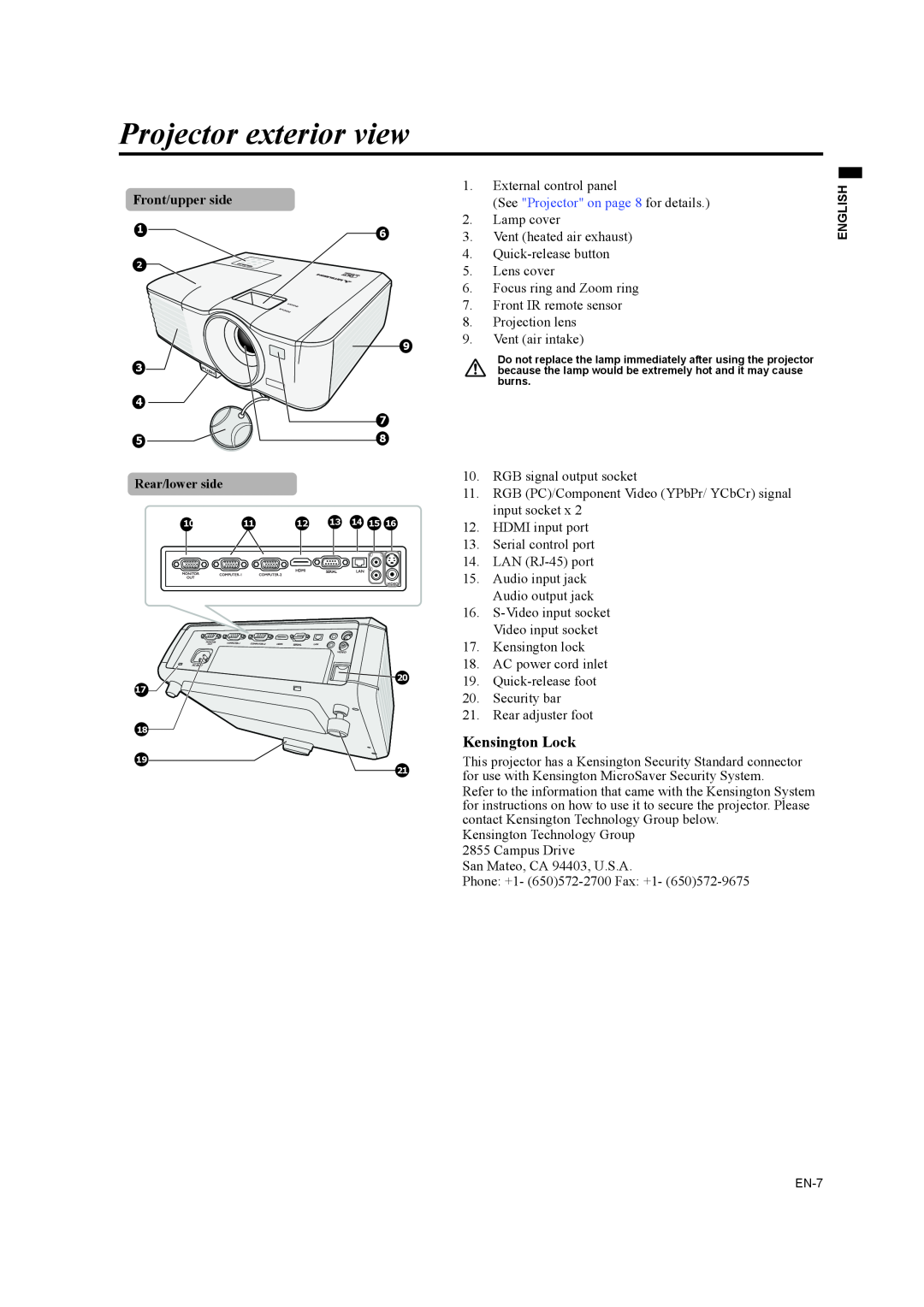 Mitsubishi Electronics EW270U user manual Projector exterior view, Kensington Lock, Front/upper side 