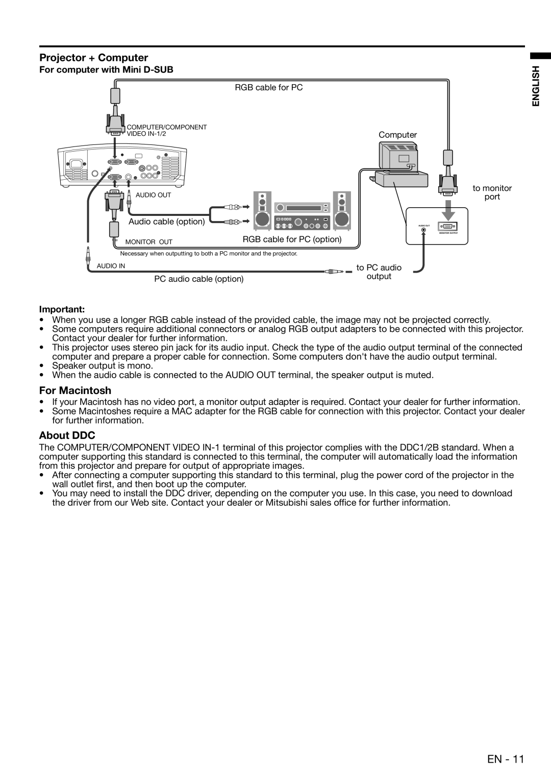 Mitsubishi Electronics ES100, EX100 user manual Projector + Computer, For Macintosh, About DDC, For computer with Mini D-SUB 