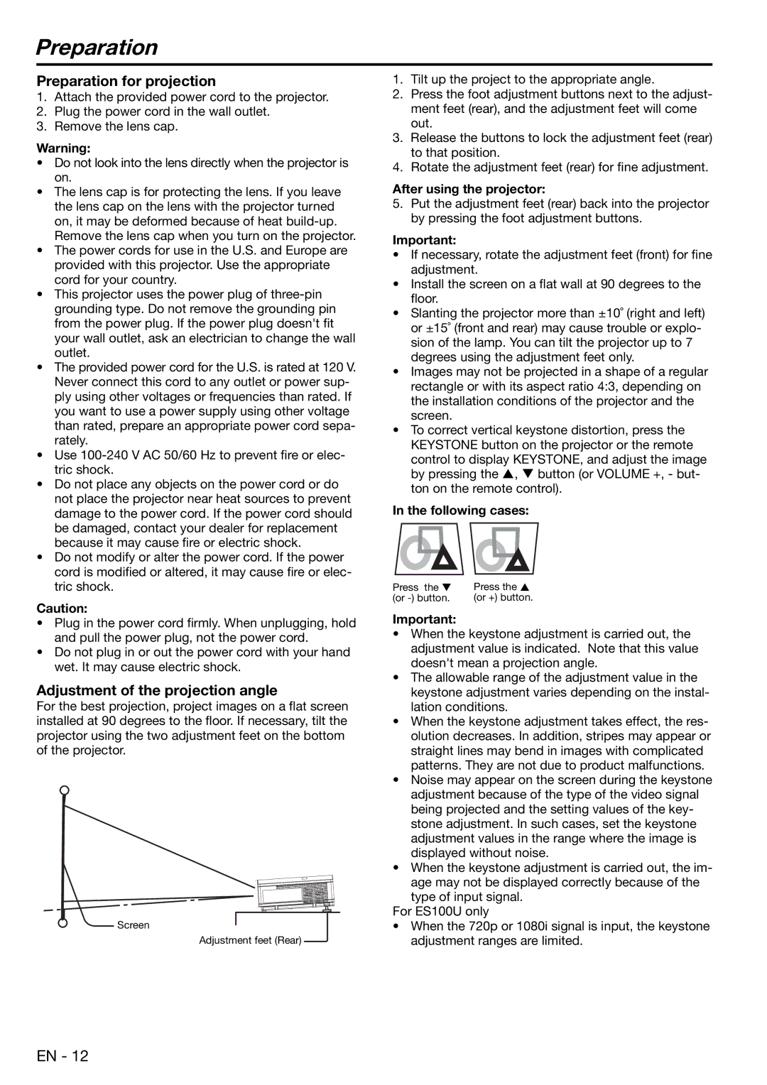 Mitsubishi Electronics EX100 Preparation for projection, Adjustment of the projection angle, After using the projector 