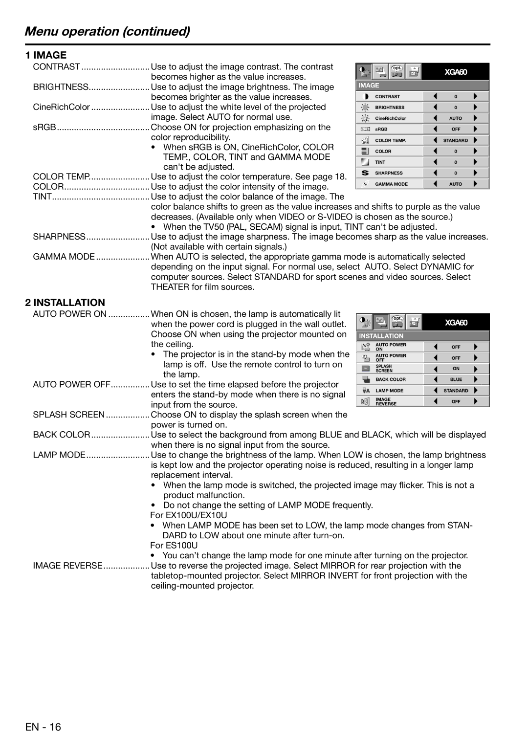 Mitsubishi Electronics EX100, ES100 user manual Menu operation 