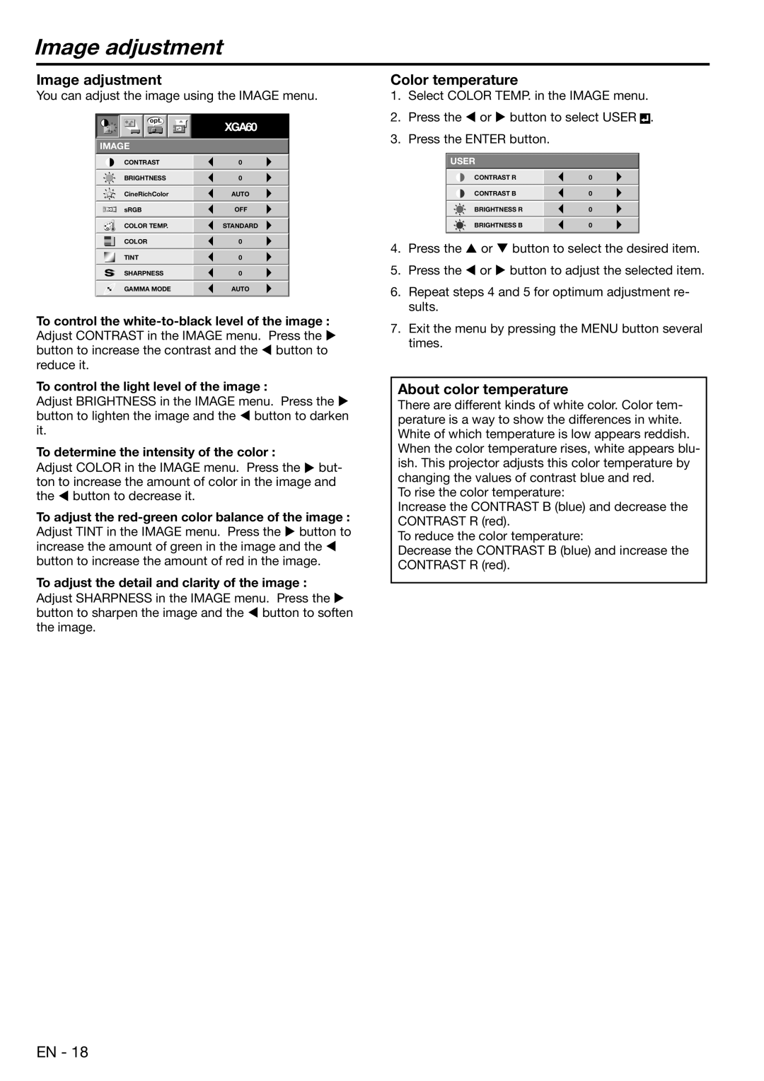 Mitsubishi Electronics EX100, ES100 user manual Image adjustment, Color temperature, About color temperature 