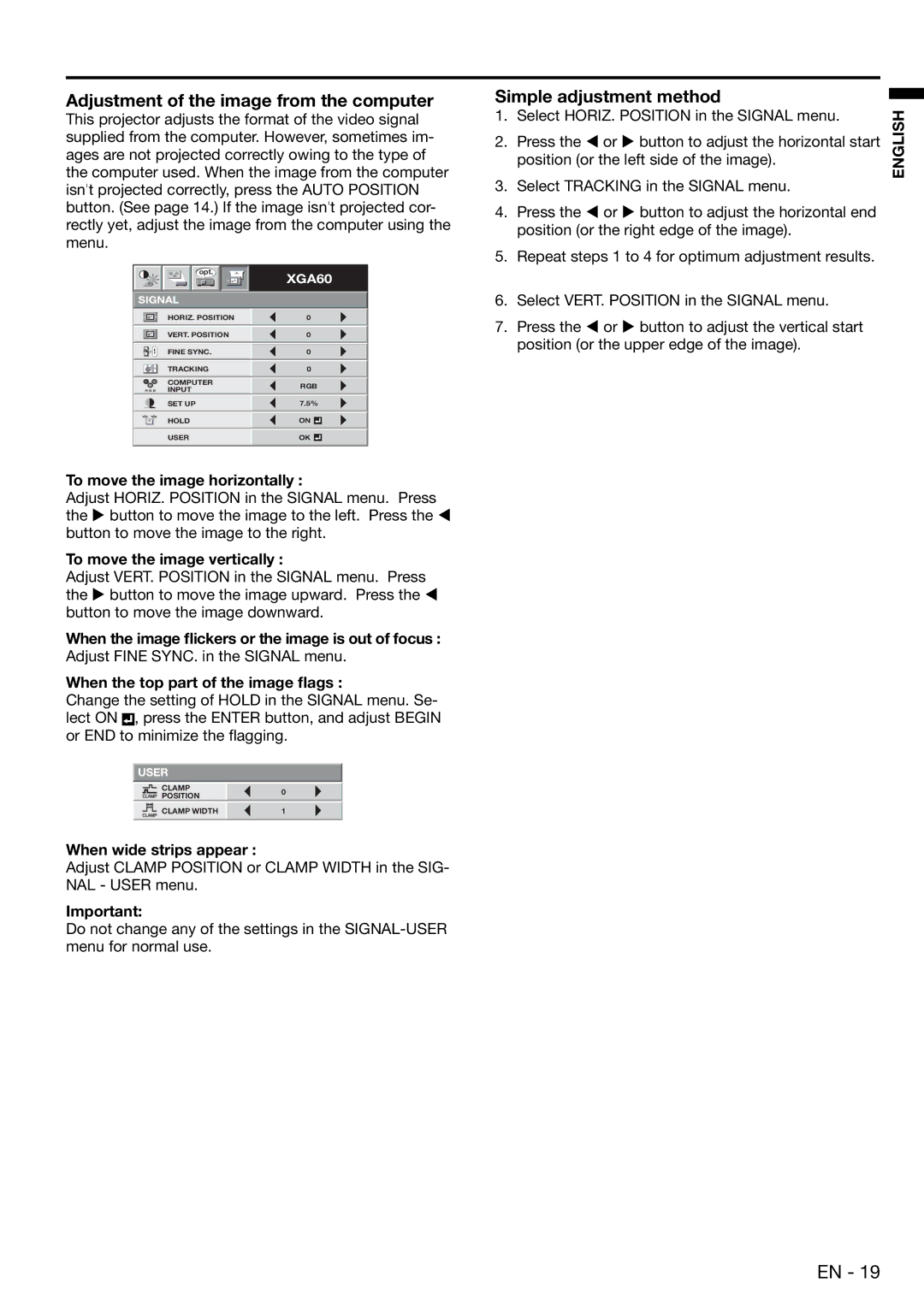 Mitsubishi Electronics ES100, EX100 user manual Adjustment of the image from the computer, Simple adjustment method 